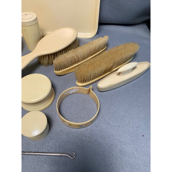 Vintage 13-Piece Ivory Celluloid Vanity Set with Brushes Jars & Tray - Picture 3 of 16